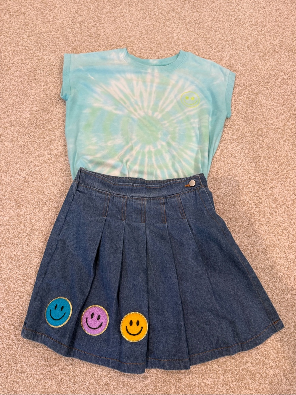 Back 2 School Outfit - Kids Denim Pleated Skort & Smiley Face T-shirt